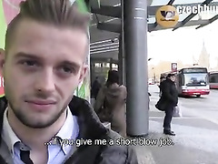 Blonde guy with gay haircut easily agrees to fuck with twink for money